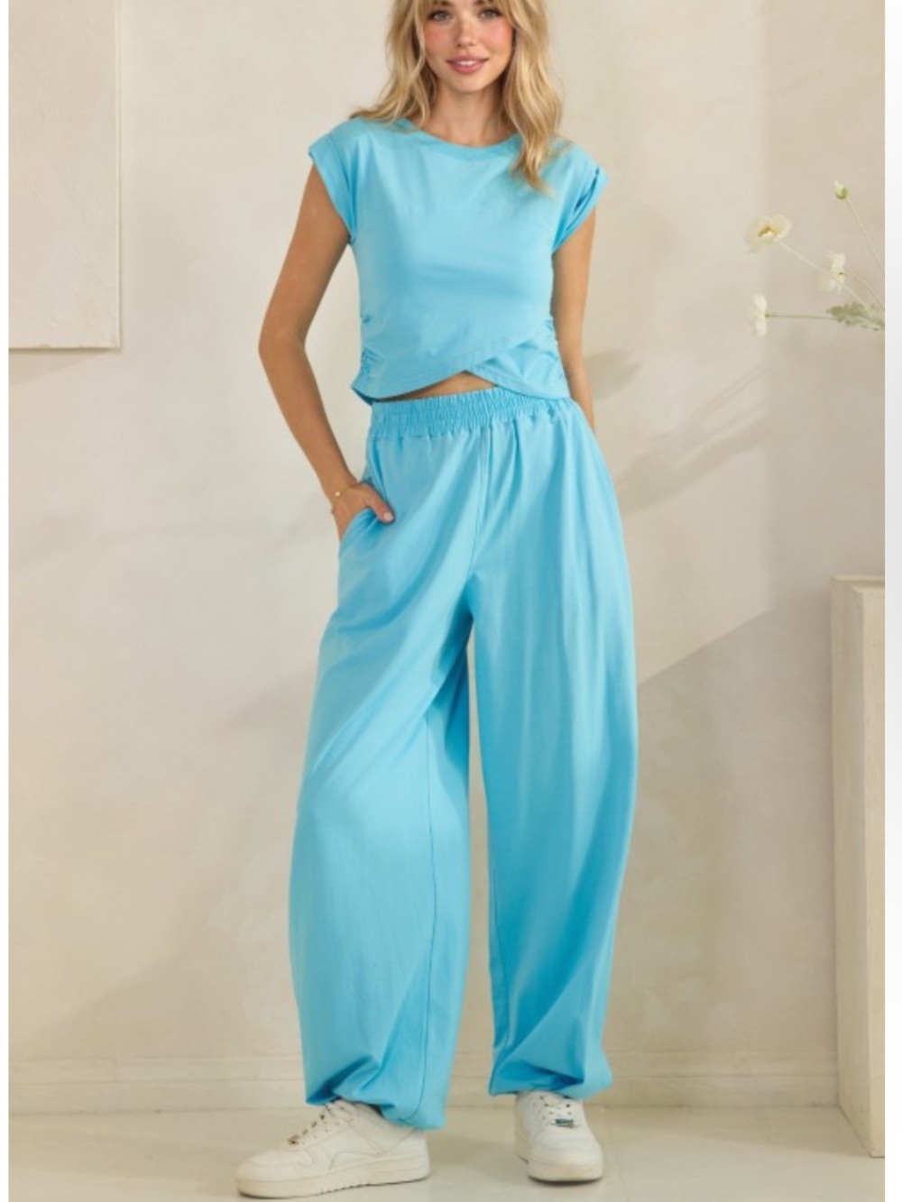 Light Blue Wide-Leg Lounge Pants with Elastic Waist